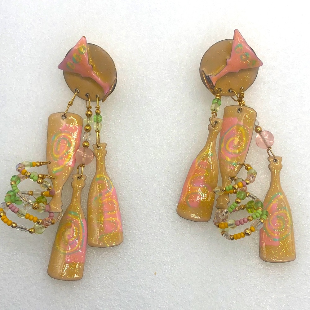 1989 Lunch at the Ritz Pink Champagne Bottle Party pierced dangle earrings